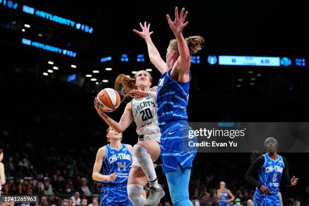 Sabrina Ionescu of the New York Liberty drives to the basket during the game against the Chicago Sky on June 12, 2022 at the Barclays Center in...