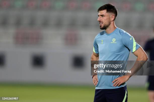 Australia's Milos Degenek take part in a training session during an Australia Socceroos training session at Abdullah bin Khalifa Stadium on June 12,...