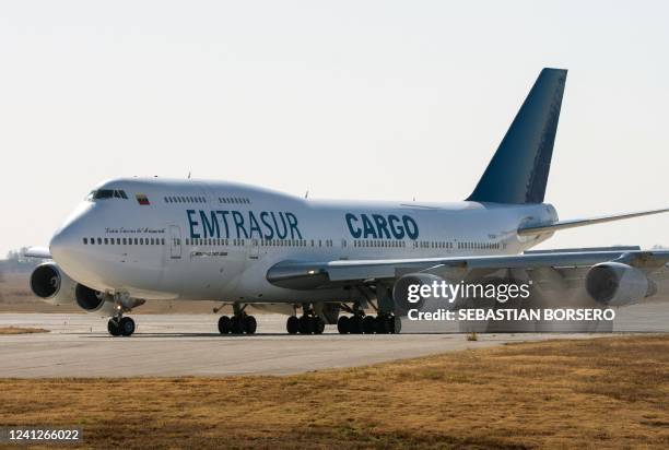 View of the Boeing 747-300 registrered number YV3531 of Venezuelan Emtrasur cargo airline at the international airport in Cordoba, Argentina, on June...