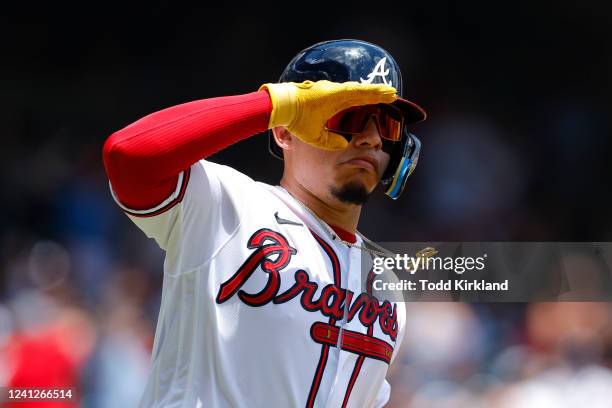 William Contreras of the Atlanta Braves rounds first after hitting a home run during the second inning against the Pittsburgh Pirates at Truist Park...