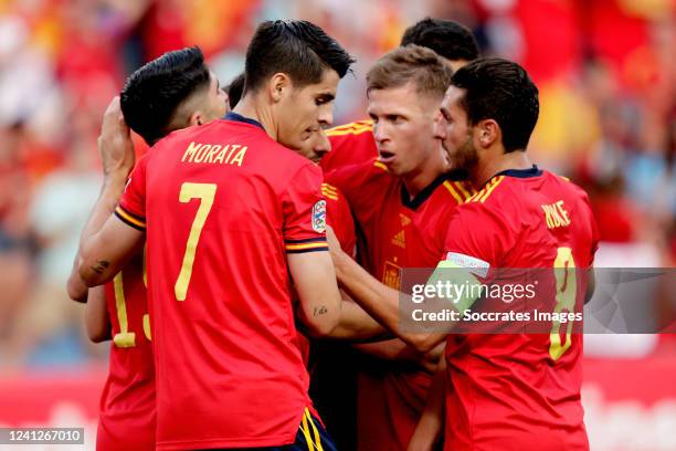 Carlos Soler of Spain celebrates 1-0 with Alvaro Morata of Spain, Koke Resurreccion of Spain during the UEFA Nations league match between Spain v...