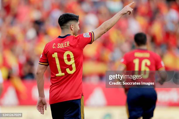 Carlos Soler of Spain celebrates 1-0 during the UEFA Nations league match between Spain v Czech Republic at the Estadio La Rosaleda on June 12, 2022...