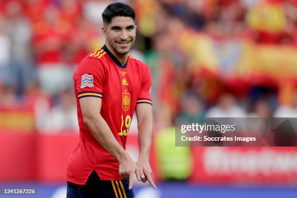 Carlos Soler of Spain celebrates 1-0 during the UEFA Nations league match between Spain v Czech Republic at the Estadio La Rosaleda on June 12, 2022...