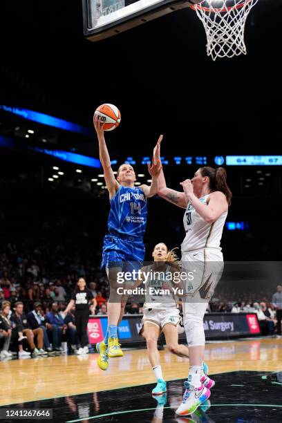 Allie Quigley of the Chicago Sky drives to the basket during the game against the New York Liberty on June 12, 2022 at the Barclays Center in...