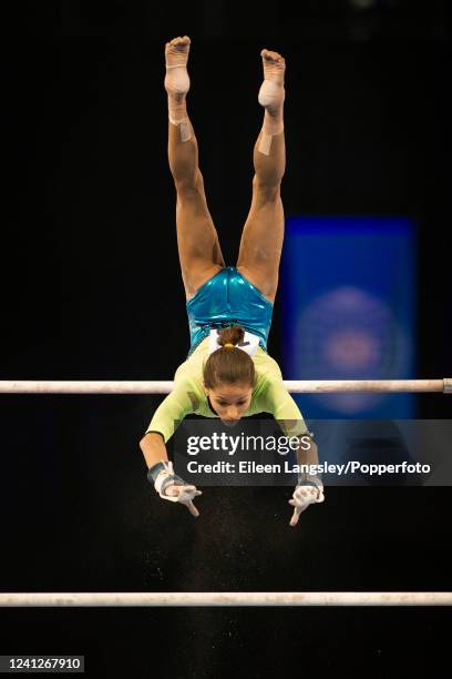 Jessica Lopez of Venezuela competing on uneven bars in the women's apparatus finals during the FIG Artistic Gymnastics Glasgow World Cup at the...