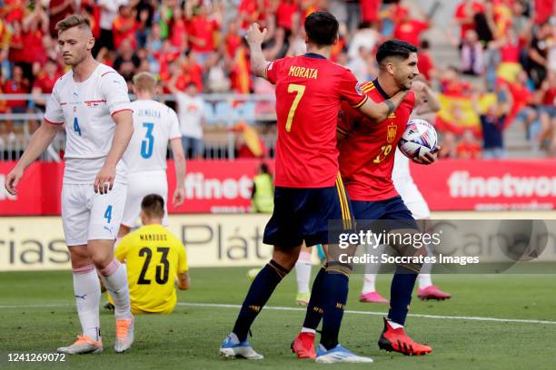 Carlos Soler of Spain celebrates 1-0 with Alvaro Morata of Spain during the UEFA Nations league match between Spain v Czech Republic at the Estadio...