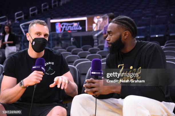 Jaylen Brown of the Boston Celtics addresses the media during 2022 NBA Finals Practice and Media Availability on June 12, 2022 at Chase Center in San...