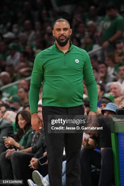 Head Coach Ime Udoka of the Boston Celtics looks on during Game Three of the 2022 NBA Finals on June 8, 2022 at the TD Garden in Boston,...