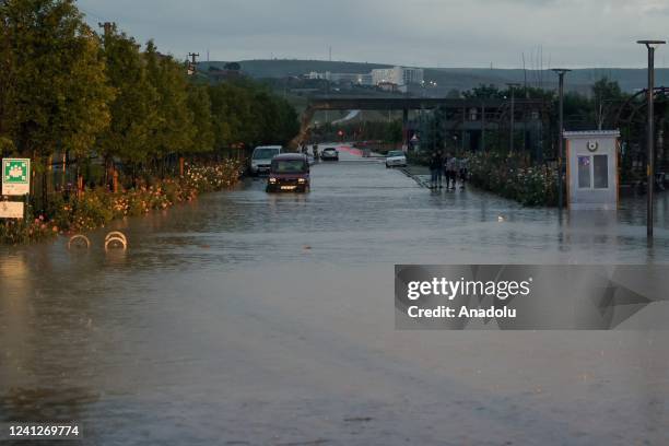 View of a flooded road by the heavy rains that negatively affected the city life in Akyurt district of Ankara, Turkiye on June 12, 2022.