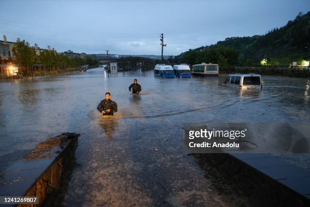 View of a flooded road by the heavy rains that negatively affected the city life in Akyurt district of Ankara, Turkiye on June 12, 2022.