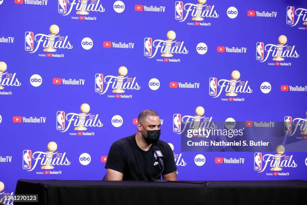 Ime Udoka of the Boston Celtics talks to the media during 2022 NBA Finals Practice and Media Availability on June 12, 2022 at Chase Center in San...