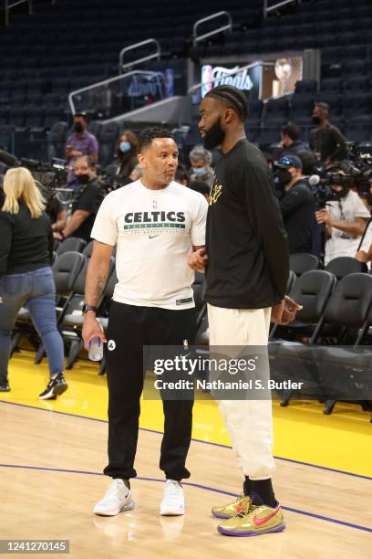 Damon Stoudamire talks with Jaylen Brown of the Boston Celtics during 2022 NBA Finals Practice and Media Availability on June 12, 2022 at Chase...