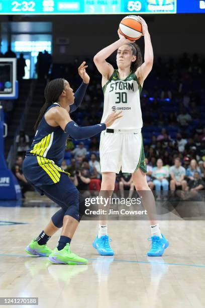 Breanna Stewart of the Seattle Storm shoots the ball during the game against the Dallas Wings on June 12, 2022 at the American Airlines Center in...