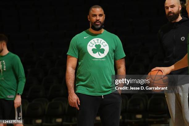 Head Coach Ime Udoka of the Boston Celtics looks on during 2022 NBA Finals Practice and Media Availability on June 12, 2022 at Chase Center in San...