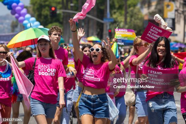 Women with Planned Parenthood march in the annual Pride Parade on June 12, 2022 in the Hollywood section of Los Angeles, California. After a two-year...