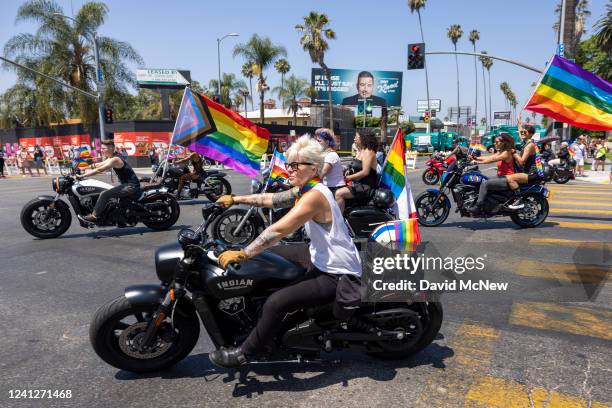 Members of Dykes on Bikes ride in the annual Pride Parade on June 12, 2022 in the Hollywood section of Los Angeles, California. After a two-year...