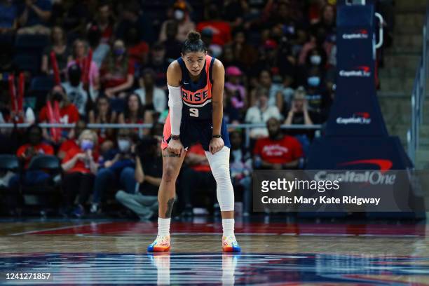 Natasha Cloud of the Washington Mystics looks on during the game against the Phoenix Mercury on June 12, 2022 at Entertainment & Sports Arena in...