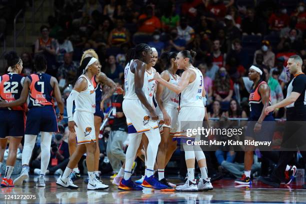 The Phoenix Mercury celebrate during the game against the Washington Mystics on June 12, 2022 at Entertainment & Sports Arena in Washington, DC. NOTE...