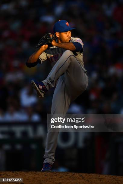 New York Mets pitcher Edwin Diaz throws a pitch during the MLB game between the New York Mets and the Los Angeles Angels of Anaheim on June 12, 2022...