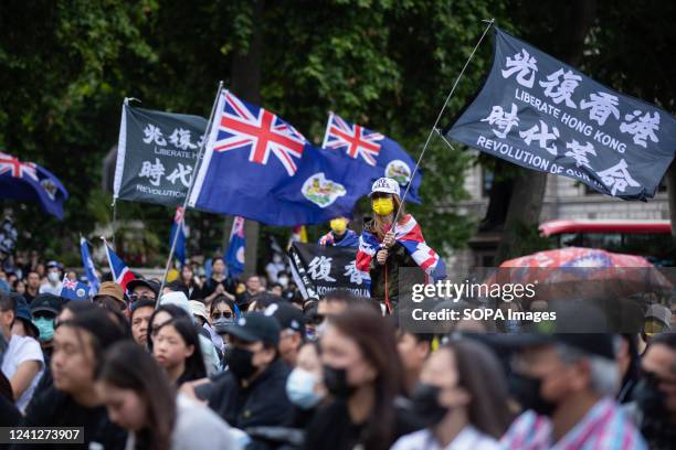 Pro-democracy demonstrators wave flags during a rally at Parliament square in London to mark the third anniversary of the start of massive...