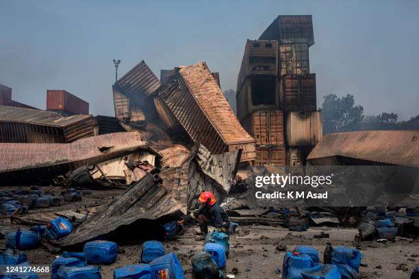 Firefighter working after the explosion destroyed BM container depot in Chittagong. Bangladesh authorities blamed a container depot operator for not...