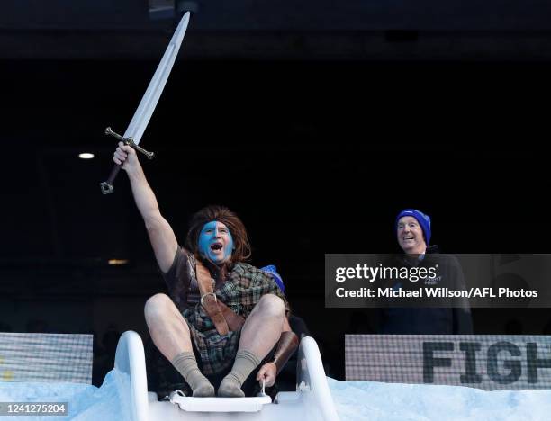 David Neitz is seen on the Big Freeze slide during the 2022 AFL Round 13 match between the Collingwood Magpies and the Melbourne Demons at the...