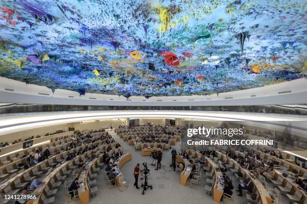 Photo shows a general view on the opening day of the 50th session of the UN Human Rights Council, in Geneva, on June 13, 2022. - UN rights chief...