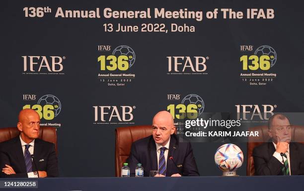President Gianni Infantino , FIFA referees committee chairman Pierluigi Collina , and Irish Foootball Association CEO Patrick Nelson attend the 137th...