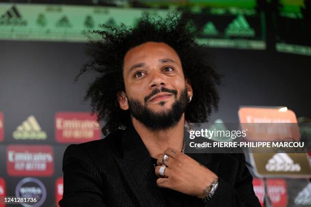 Real Madrid's Brazilian defender Marcelo addresses a press conference during a farewell event at the Ciudad Real Madrid sports facilities in...