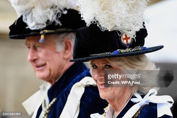 Prince Charles, Prince of Wales and Camilla, Duchess of Cornwall, attend the Order of the Garter Service at St George's Chapel on June 13, 2022 in...