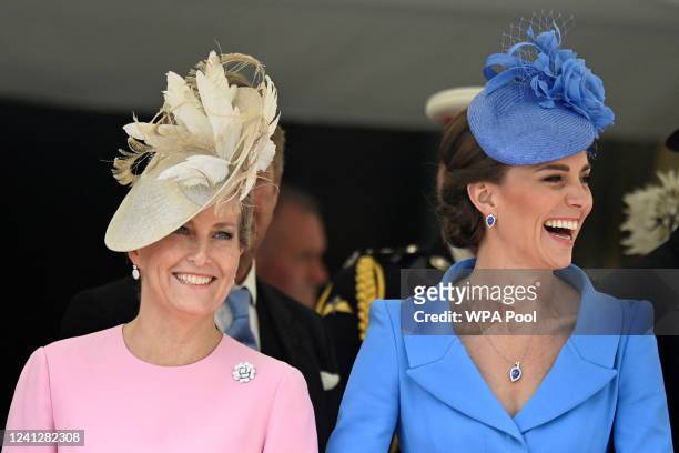 Catherine, Duchess of Cambridge and Sophie, Countess of Wessex attend the Order of the Garter Service at St George's Chapel on June 13, 2022 in...
