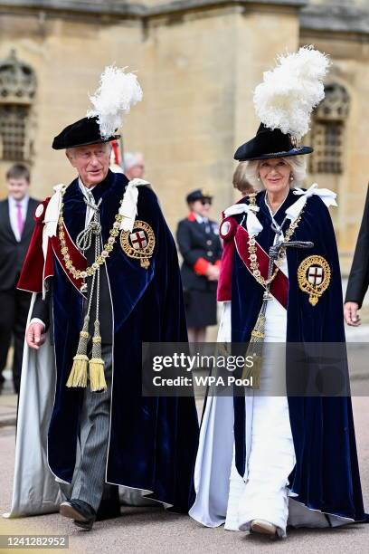 Prince Charles, Prince of Wales and Camilla, Duchess of Cornwall, attend the Order of the Garter Service at St George's Chapel on June 13, 2022 in...