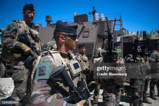 French Army soldiers during a tactical demonstration at the Eurosatory defense and security trade fair in Paris, France, on Sunday, June 12, 2022....