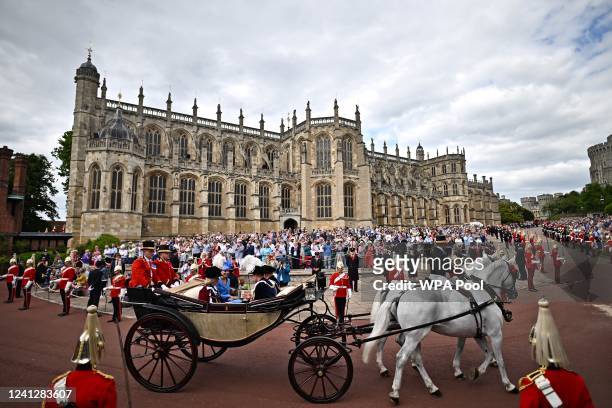 Camilla, Duchess of Cornwall, Prince William, Duke of Cambridge, Catherine, Duchess of Cambridge, and Prince Charles, Prince of Wales travel by...