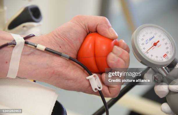 June 2022, Saxony, Leipzig: At Haema AG's blood donation center in Leipzig, an employee measures the pressure of a donor's blood donation. The supply...