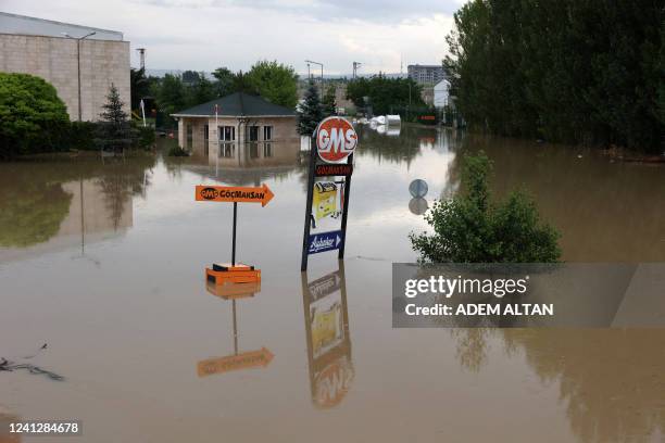 Picture taken on June 13, 2022 shows the flooded area of Akyurt district in Ankara following heavy rain.