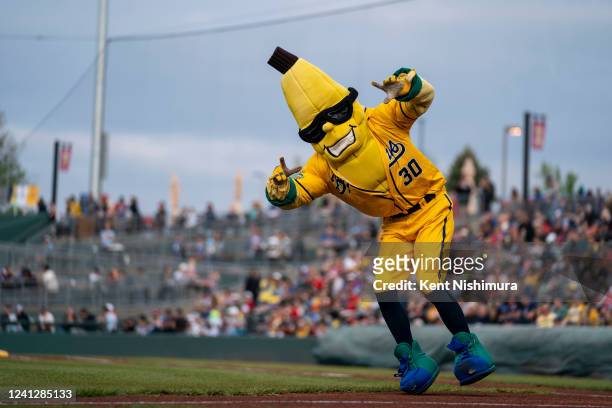 Split, the mascot of the Savannah Bananas dances before the start of a banana ball game against the the Kansas City Monarchs at Legends Field on...