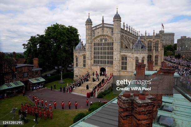 The procession leaves St George's Chapel after the Order of the Garter service at Windsor Castle on June 13, 2022 in Windsor, England. The Order of...