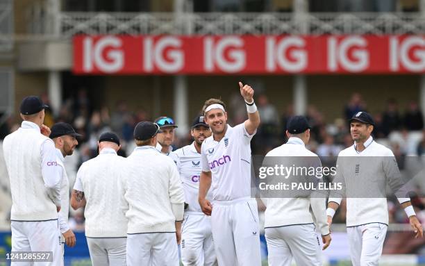 England's Stuart Broad celebrates after taking the wicket of New Zealand's Tom Blundell on day 4 of the second Test cricket match between England and...