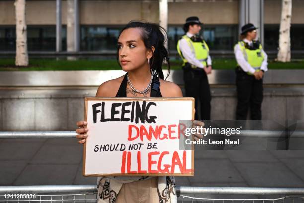 People protest against the UK deportation flights to Rwanda outside the Home Office on June 13, 2022 in London, England. The Court of Appeal has...