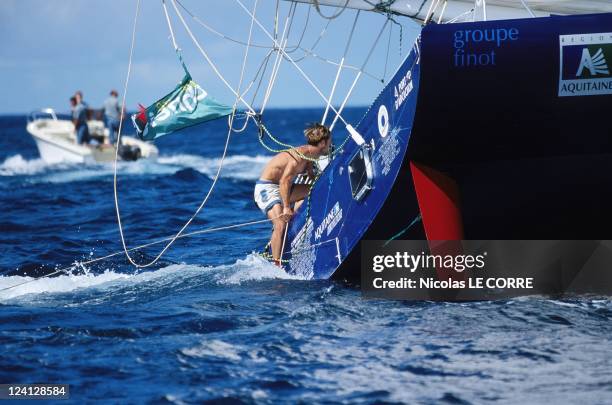 Route du Rhum race: Thomas Coville 1st in the monocoques In Pointe A Pitre, France On November 26, 1998.