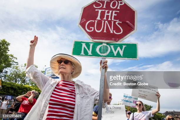 Eileen Ryan holds a sign that reads Stop The Guns Now while attending a March for Our Lives rally in Christopher Columbus Park in Boston on June 11,...