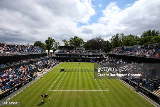 Harriet Dart of Great Britain wins a point in the Women's Singles First Round match against Camila Osorio of Colombia during on Day Three of the...