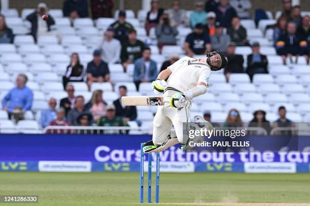 New Zealand's Matt Henry avoids a ball bowled by England's Stuart Broad on day 4 of the second Test cricket match between England and New Zealand at...