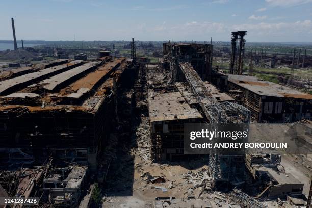 An aerial view shows ruins of the Azovstal steel plant in Mariupol, amid the ongoing Russian military action in Ukraine, on June 13, 2022.