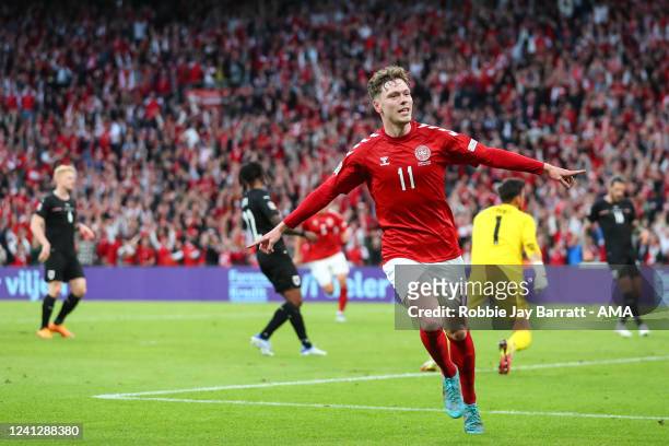 Andreas Skov Olsen of Denmark celebrates after scoring a goal to make it 2-0 during the UEFA Nations League League A Group 1 match between Denmark...