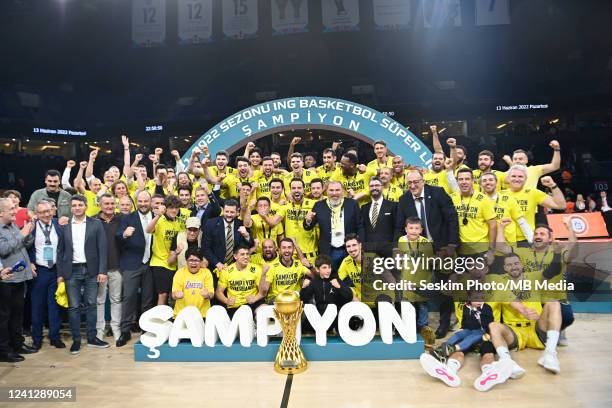 Fenerbahce BekoTeam Players receive the championship trophy after the ING Turkish Super League Final series Fourth leg match between Anadolu Efes and...