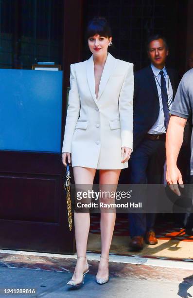 Actress Dakota Johnson is seen leaving a hotel in NYC on June 13, 2022 in New York City.