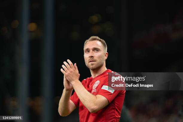 Christian Eriksen of Denmark Celebrates after winning the UEFA Nations League League A Group 1 match between Denmark and Austria at Parken Stadium on...