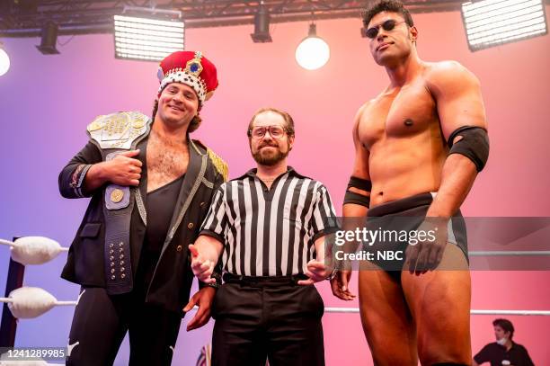 Episode 212 -- Pictured: Michael Strassner as Jerry Lawler, Ryan Pinkston as Downtown Bruno, Uli Latukefu as Dwayne --